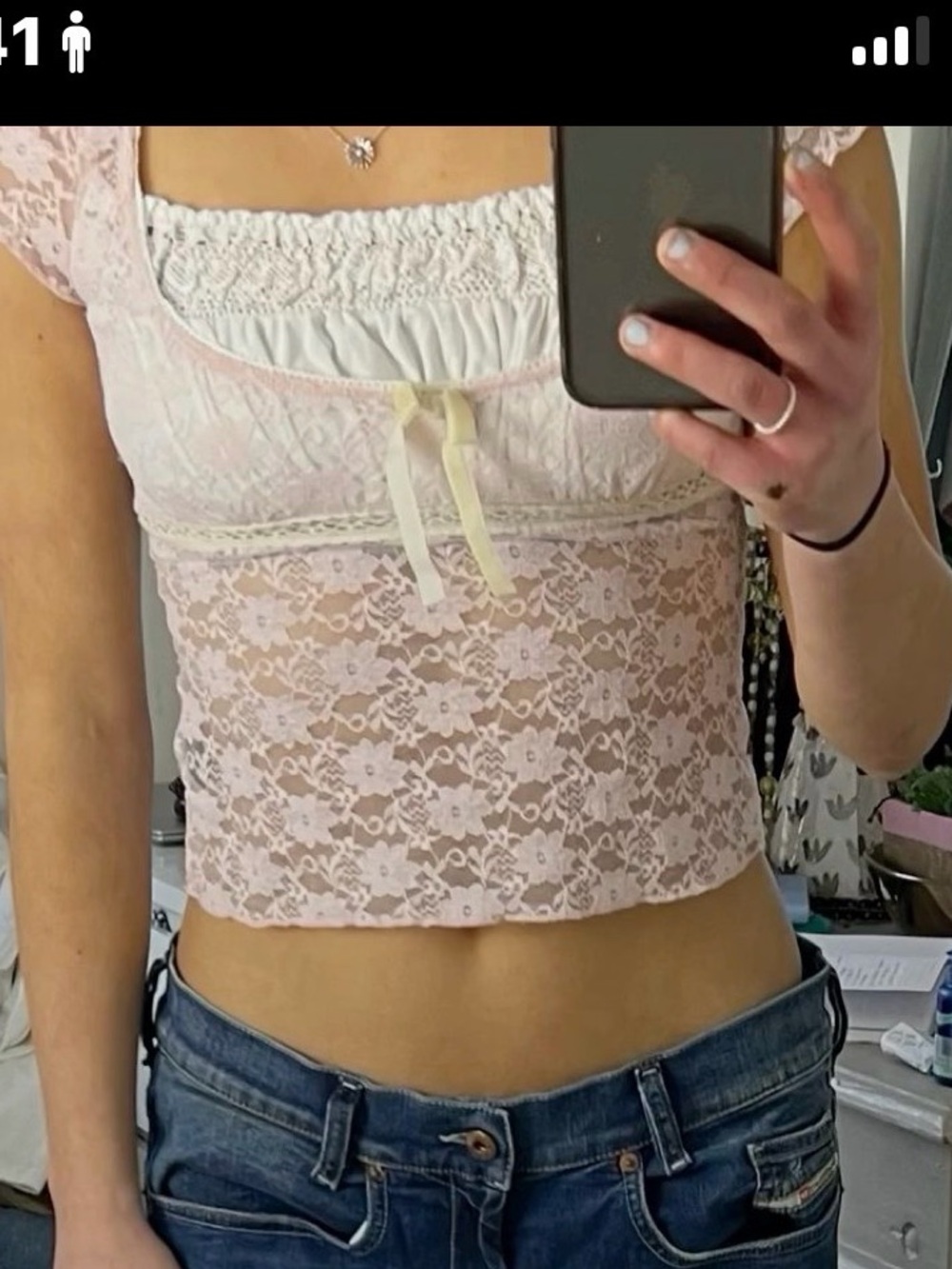 Lace babydoll Top with Ribbon Detail - Light Pink